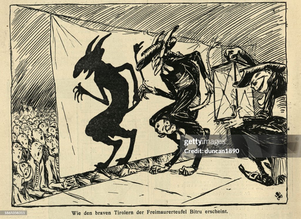 Victorian satirical cartoon, the Devil appearing as himself at a shadow play show, 1890s