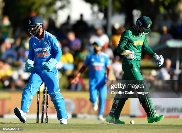 Rassie van der Dussen of South Africa b Axar Patel of India during the 3rd One Day International match between South Africa and India at Boland Park...