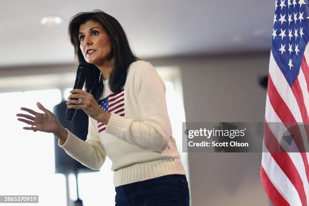 Republican presidential candidate former U.N. Ambassador Nikki Haley addresses the crowd during a campaign stop at the Nevada Fairgrounds community...