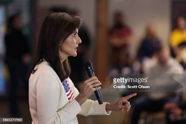Republican presidential candidate former U.N. Ambassador Nikki Haley addresses the crowd during a campaign stop at the Nevada Fairgrounds community...