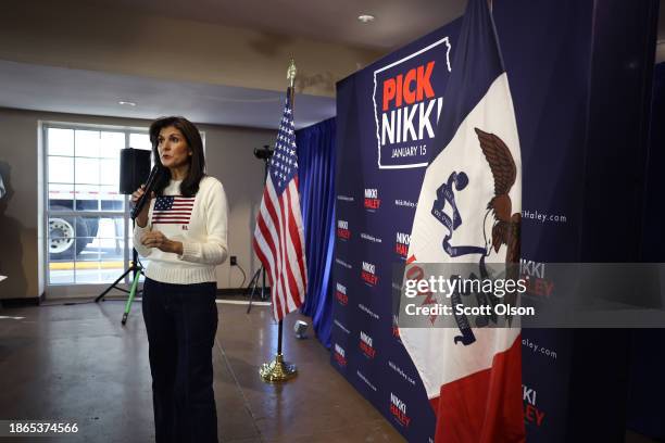 Republican presidential candidate former U.N. Ambassador Nikki Haley addresses guests during a campaign stop at the Nevada Fairgrounds community...