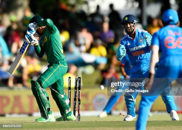 Rassie van der Dussen of South Africa b Axar Patel of India during the 3rd One Day International match between South Africa and India at Boland Park...