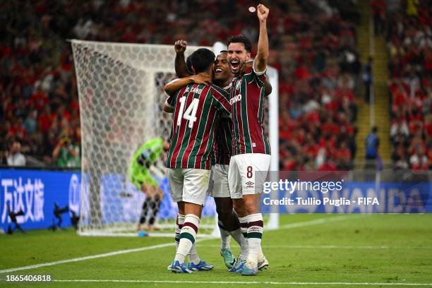 Jhon Arias of Fluminense celebrates with teammates after scoring their team's first goal from a penalty during the FIFA Club World Cup Semi-Final...