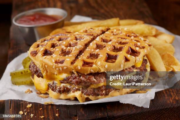 copycat waffled cheese burger on a sesame seed bun - aioli stock pictures, royalty-free photos & images