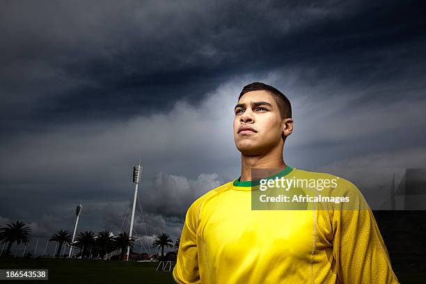 brazilian football fan with stadium in background. - super fan stock pictures, royalty-free photos & images