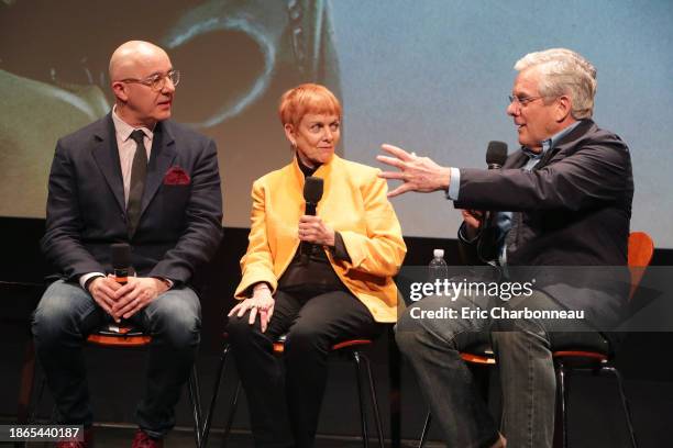 Director Laurent Bouzereau, Catherine Wyler and David Wyler seen at Netflix Original Documentary Series "Five Came Back" Q&A panel at the Samuel...
