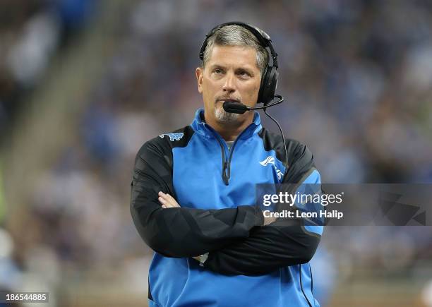 Detroit Lions head coach Jim Schwartz watches the video replay during the second quarter of the game against the Dallas Cowboys at Ford Field on...