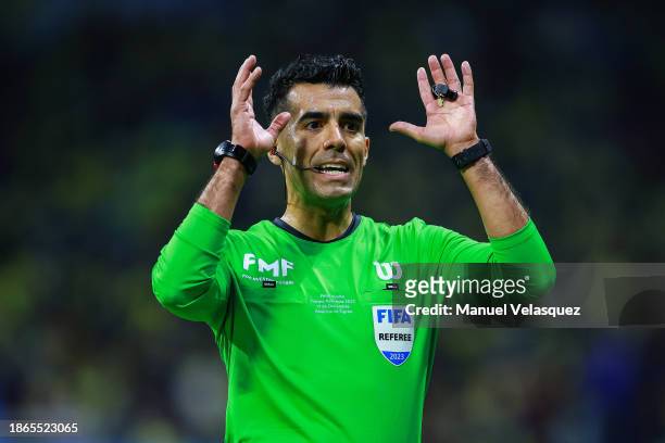 Adonai Escobedo referee gestures during the final second leg match between America and Tigres UANL as part of the Torneo Apertura 2023 Liga MX at...