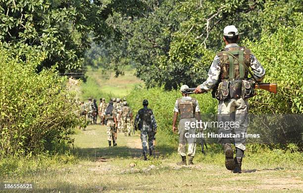 Unit during an area domination patrol for upcoming Chhattisgarh Assembly Election on October 29, 2013 in Sukma, India. In order to neutralize any...
