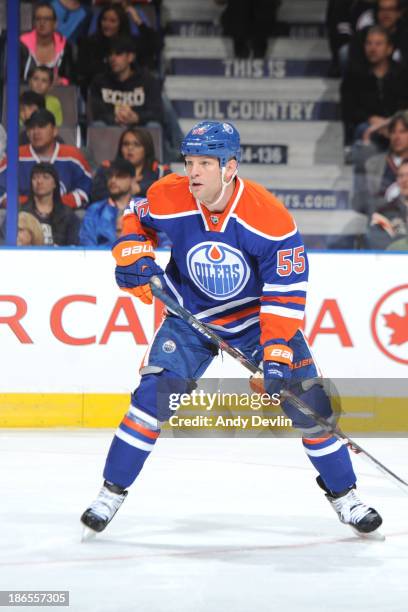 Ben Eager of the Edmonton Oilers skates on the ice in a game against the Washington Capitals on October 24, 2013 at Rexall Place in Edmonton,...