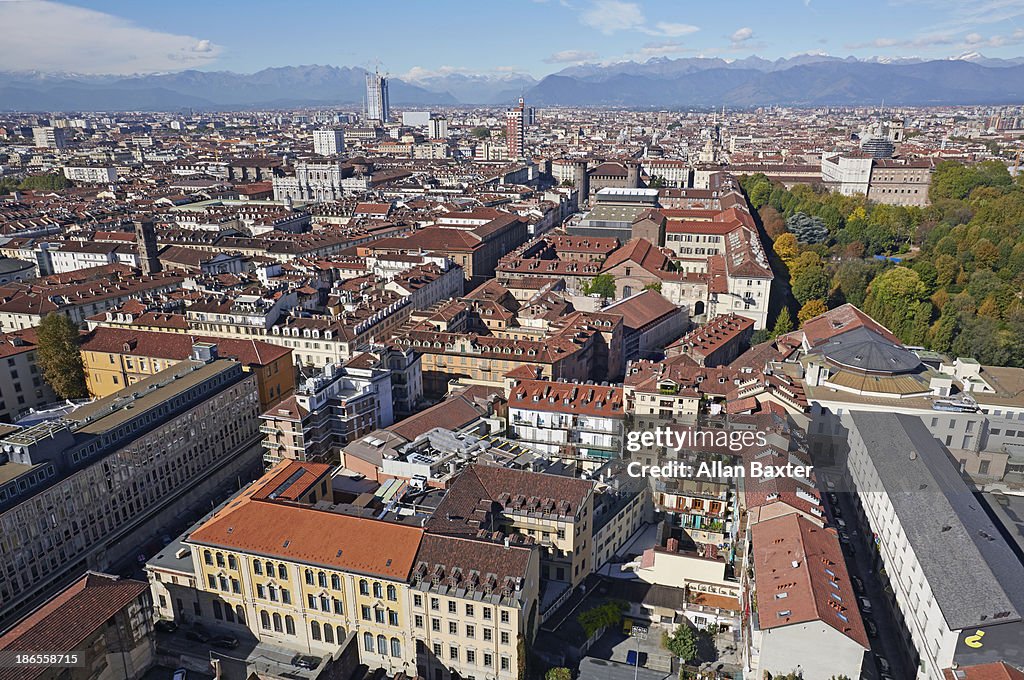 Elevated view of Turin and the Alps