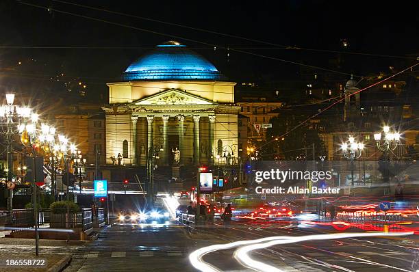 la gran madre church illuminated at night - turin fotografías e imágenes de stock