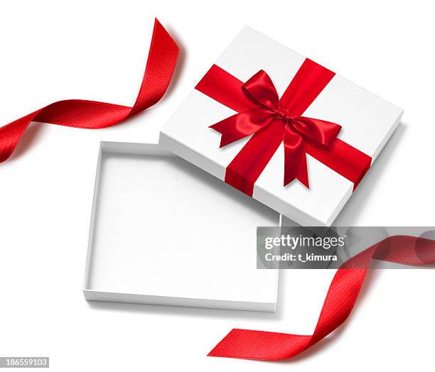 open gift box - bow on white stock pictures, royalty-free photos & images