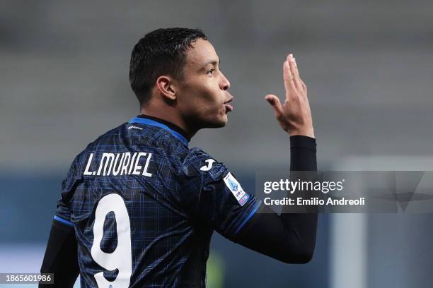 Luis Muriel of Atalanta BC celebrates after scoring their team's first goal during the Serie A TIM match between Atalanta BC and US Salernitana at...