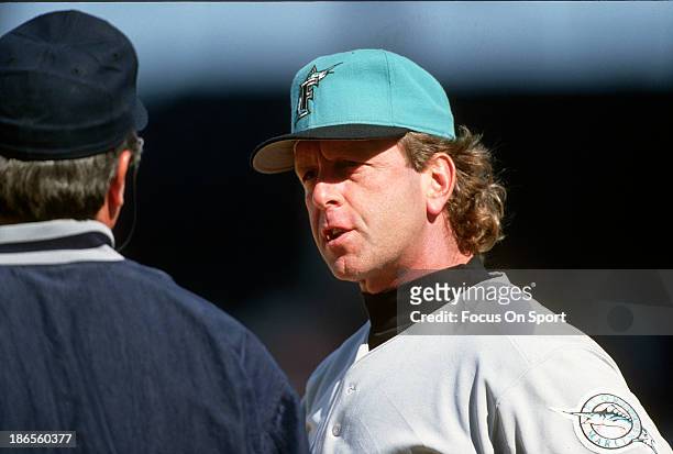 Manager Rene Lachemann of the Florida Marlins argues with an umpire during an Major League Baseball game circa 1993. Latchemann managed the Marlins...