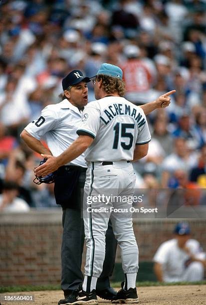 Manager Rene Lachemann of the Florida Marlins argues with an umpire during an Major League Baseball game against the Chicago Cugs circa 1995 at...