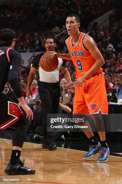 Pablo Prigioni of the New York Knicks looks to pass the ball against the Chicago Bulls on October 31, 2013 at the United Center in Chicago, Illinois....