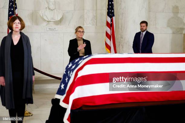 Sen. Maggie Hassan pays her respect to the late retired Supreme Court Justice Sandra Day O'Connor as she lies in repose in the Great Hall of the U.S....