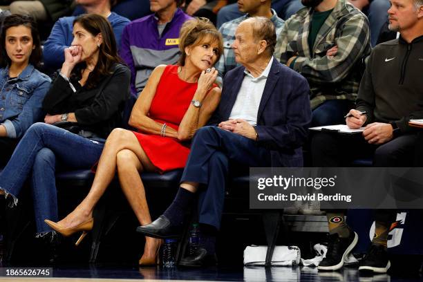 Part owner Glen Taylor of the Minnesota Timberwolves and his wife Becky Taylor look on in the first quarter of the game against the Boston Celtics at...