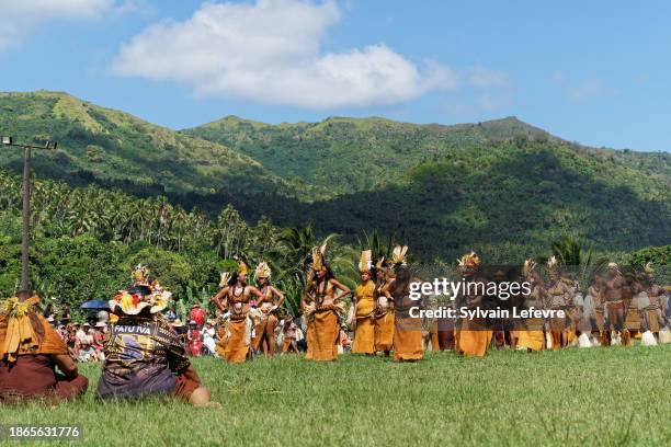 Fatu Hiva delegation performs live during the day two of the 14th Art and Culture Festival Of Marquesas, at Taiohae, on December 17, 2023 in TAPIVAI,...