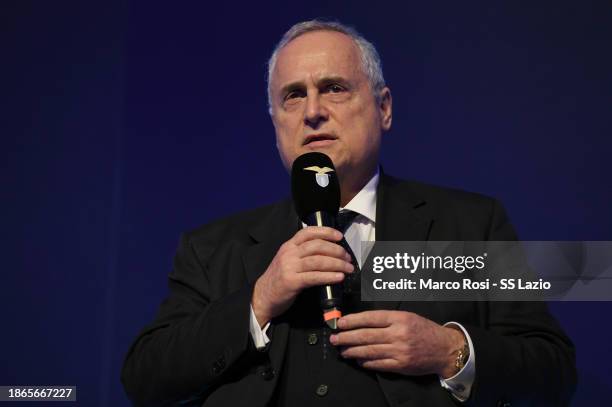 Lazio President Claudio Lotito speacks during the SS Lazio Xmas dinner at the Spazio Novecento on December 18, 2023 in Rome, Italy.