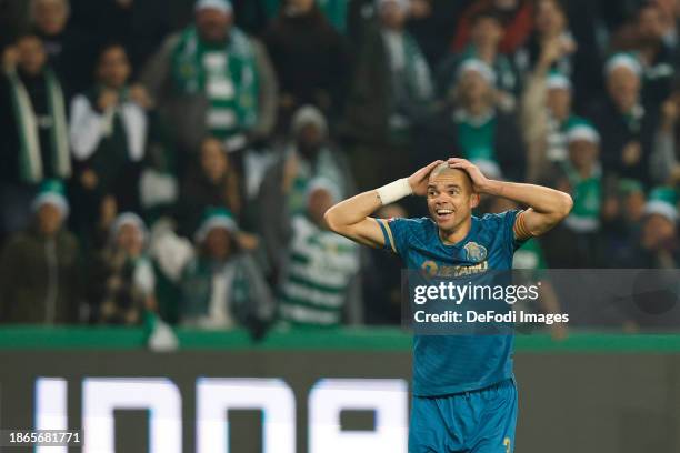 Pepe of FC Porto gestures during the Liga Portugal match between Sporting CP and FC Porto at Estadio Jose Alvalade on December 18, 2023 in Lisbon,...