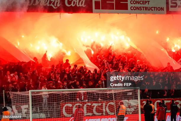 Fans of Brest during the Ligue 1 Uber Eats match between Stade Brestois 29 and Football Club de Lorient at Stade Francis-Le Ble on December 20, 2023...