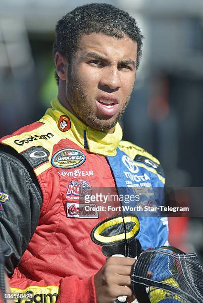 Camping World Truck Series driver Darrell Wallace Jr. Appears before the NCWST Pinnacle Propane Qualifying Days at the Texas Motor Speedway in Fort...