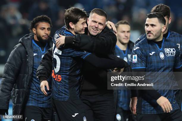 Former Atalanta BC player, Josip Ilicic celebrates with Marten de Roon of Atalanta BC following the Serie A TIM match between Atalanta BC and US...