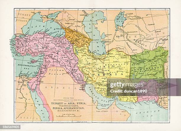 stockillustraties, clipart, cartoons en iconen met antique map of turkey in asia - ottoman empire