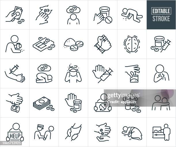 ilustraciones, imágenes clip art, dibujos animados e iconos de stock de iconos de línea fina de adicción a los opioides - trazo editable - adicto