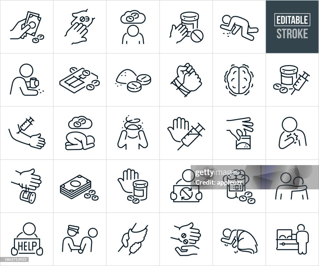 Opioid Addiction Thin Line Icons - Editable Stroke