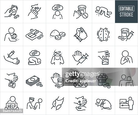 Opioid Addiction Thin Line Icons - Editable Stroke Opioid Addiction Thin Line Icons - Editable Stroke