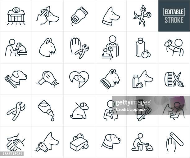 dog grooming and pet grooming thin line icons - editable stroke - animal groomer stock illustrations