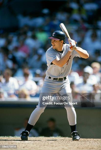 Robin Ventura of the Chicago White Sox bats against the New York Yankees during an Major League Baseball game circa 1990 at Yankee Stadium in the...