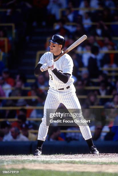 Robin Ventura of the Chicago White Sox bats during an Major League Baseball game circa 1993 at Comiskey Park in Chicago, Illinois. Ventura played for...