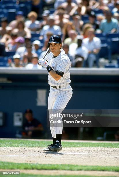 Robin Ventura of the Chicago White Sox bats during an Major League Baseball game circa 1993 at Comiskey Park in Chicago, Illinois. Ventura played for...