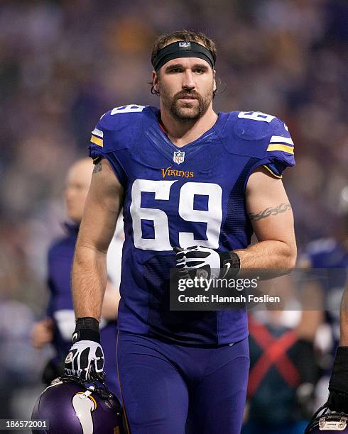 Jared Allen of the Minnesota Vikings looks on during the game against the Green Bay Packers on October 27, 2013 at Mall of America Field at the...