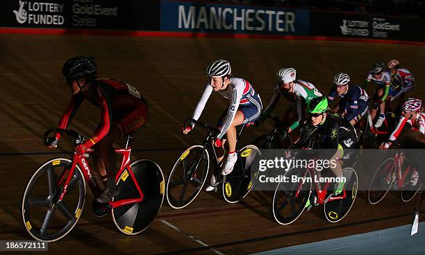 Dani King of Great Britain in action during the Women's Scratch 10km Final on day one of the UCI Track Cycling World Cup at Manchester Velodrome on...