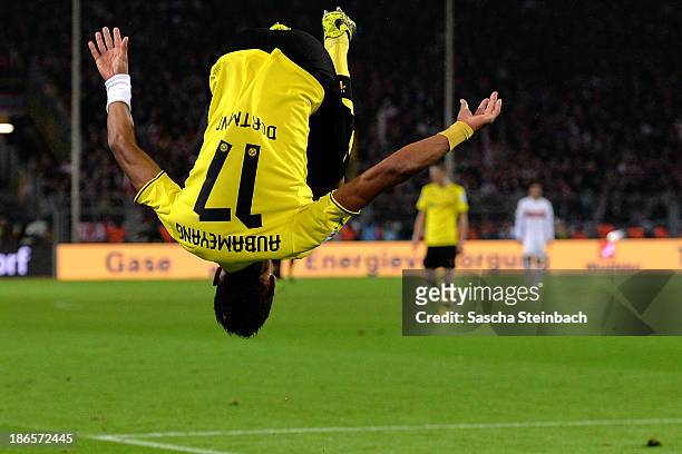 Pierre-Emerick Aubameyang of Dortmund celebrates after scoring his team's 6th goal during the Bundesliga match between Borussia Dortmund and VfB...