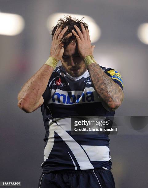 Danny Cipriani of Sale Sharks looks dejected during the Aviva Premiership match between Sale Sharks and Exeter Chiefs at the AJ Bell Stadium on...