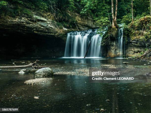 close-up view of the gour bleu, one of the hedgehog waterfalls (cascades du hérisson), jura, franche comté (franche comte), eastern france. - eastern france stock pictures, royalty-free photos & images