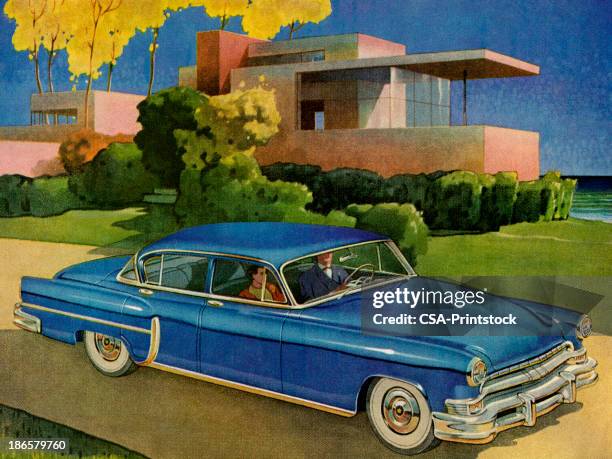 blue vintage car in front of house - old house stock illustrations