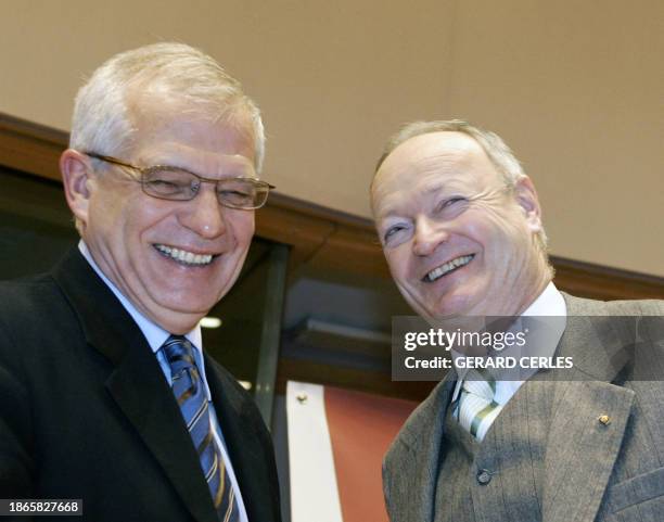 Dr Andreas Kohl, President of Austria's Nationalrat and Spanish Josep Borrell European parliament president laugh during the joint Parliamentary...