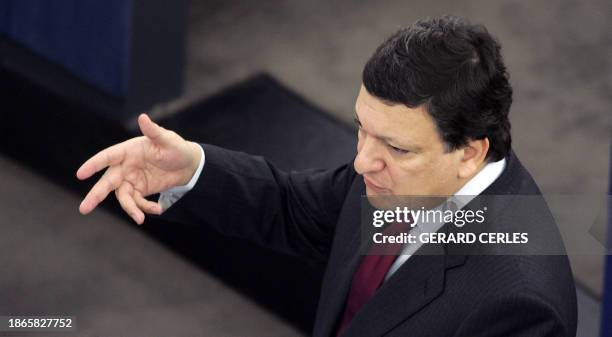 European Commission Chairman Jose Manuel Barroso speaks 05 April 2006 during the plenary session of the European Parliament in the northeastern...