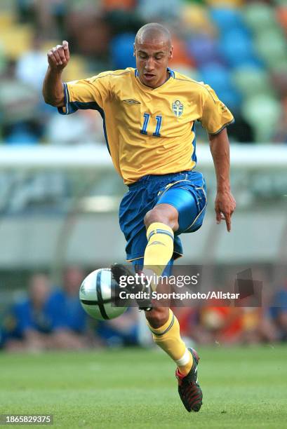 June 15: Henrik Larsson of Sweden on the ball during the UEFA Euro 2004 match between Sweden and Bulgaria at Jose Alvalade Stadium on June 15, 2004...