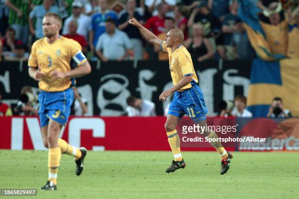 June 15: Henrik Larsson of Sweden celebrates during the UEFA Euro 2004 match between Sweden and Bulgaria at Jose Alvalade Stadium on June 15, 2004 in...