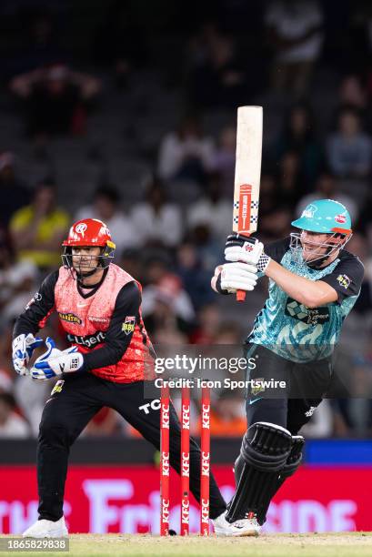 Brisbane Heat player Matt Renshaw bats during KFC Big Bash League T20 match between Melbourne Renegades and Brisbane Heat at the Marvel Stadium on...