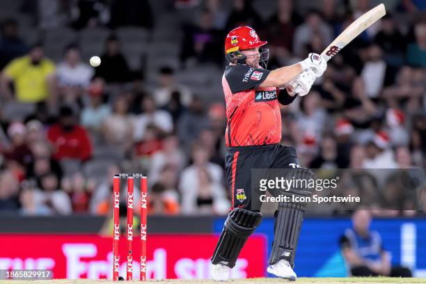Melbourne Renegades player Aaron Finch bats during KFC Big Bash League T20 match between Melbourne Renegades and Brisbane Heat at the Marvel Stadium...