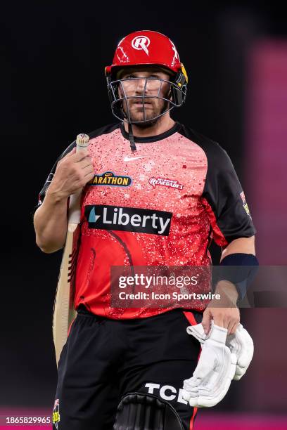 Melbourne Renegades player Aaron Finch walks off after getting out during KFC Big Bash League T20 match between Melbourne Renegades and Brisbane Heat...